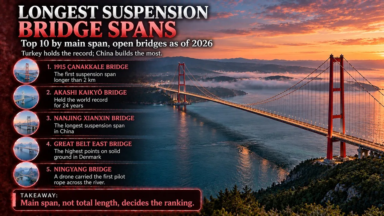 Infographic of the top 10 longest suspension bridge spans in the world, showing a red-towered bridge over a misty strait