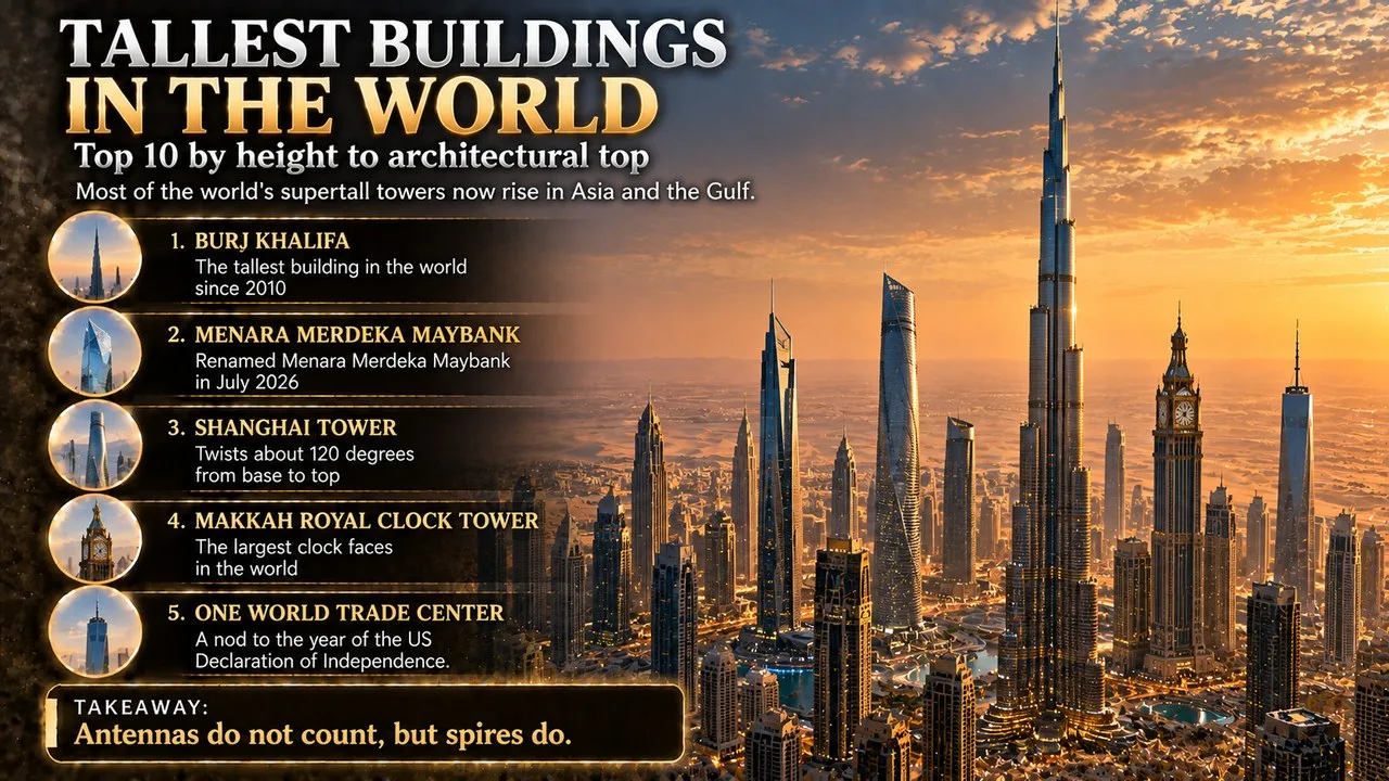 Infographic of the top 10 tallest buildings in the world, showing slender glass skyscrapers with spires over a city at dusk