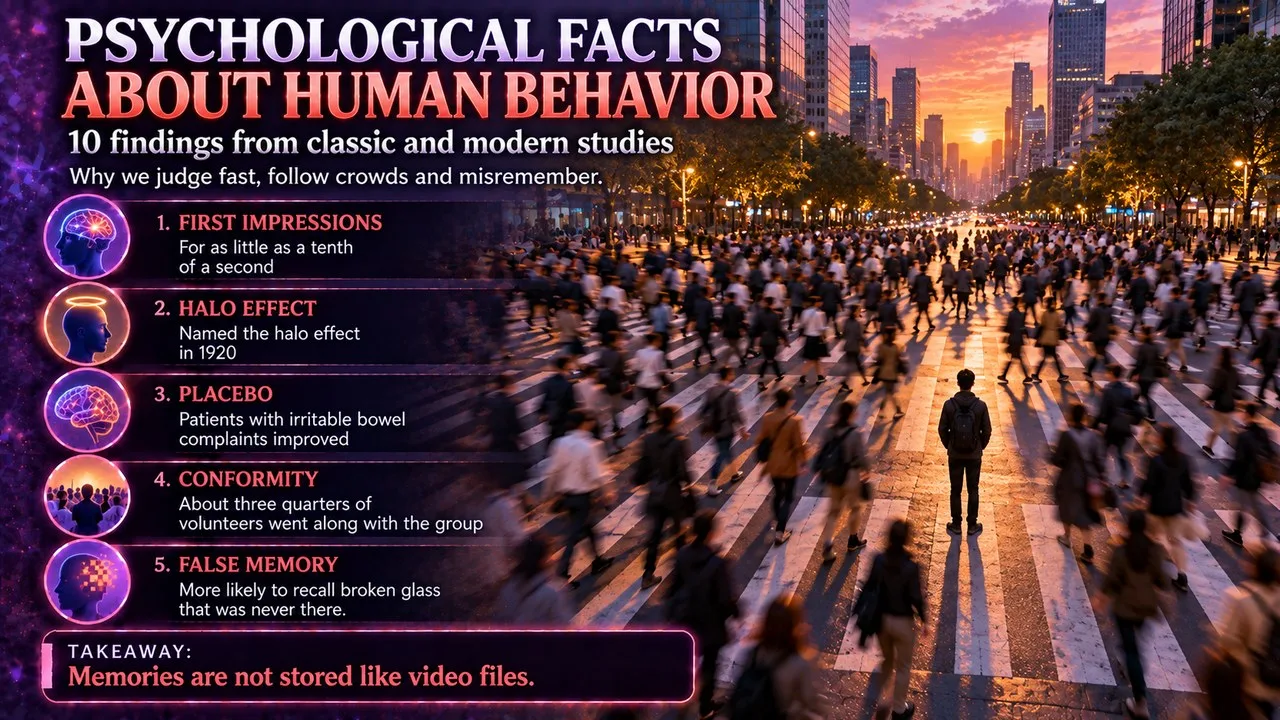 Infographic of psychological facts about human behavior, showing a city crowd crossing a street as one person stands still
