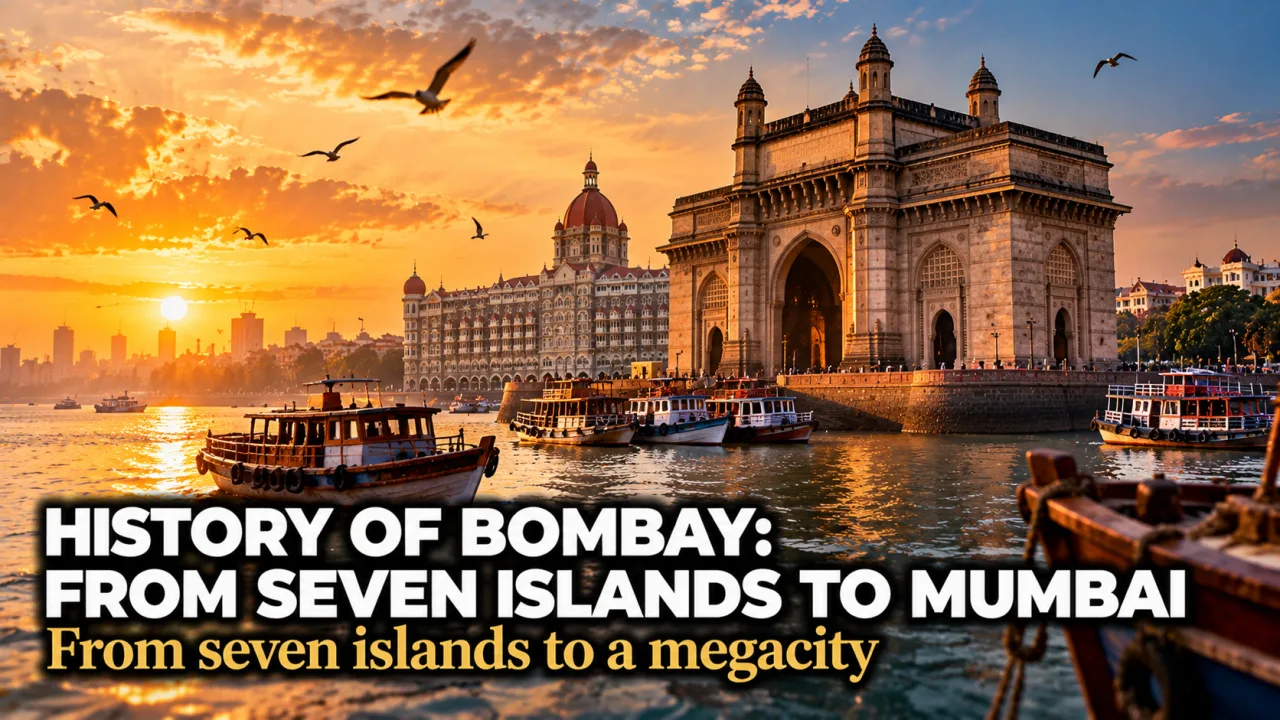 The Gateway of India in Mumbai at sunrise with traditional wooden boats on the calm harbour and seabirds overhead
