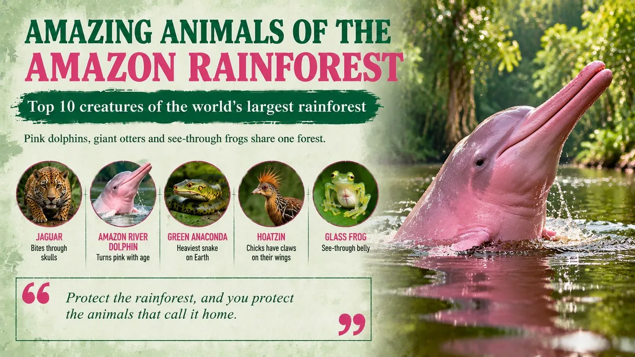 Infographic of amazing animals of the Amazon rainforest, showing a pink river dolphin in a flooded green forest, with callouts for the jaguar, river dolphin, green anaconda, hoatzin and glass frog