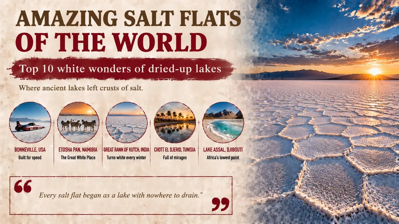 Infographic of amazing salt flats of the world, showing a vast white salt flat with hexagonal cracks and distant mountains, with callouts for Bonneville, Etosha Pan, the Great Rann of Kutch, Chott el Djerid and Lake Assal
