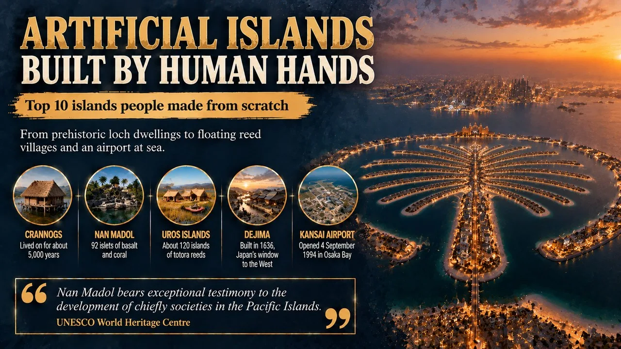 Infographic of artificial islands built by human hands, showing a palm-shaped island at dusk with callouts for crannogs, Nan Madol, the Uros reed islands, Dejima and Kansai Airport