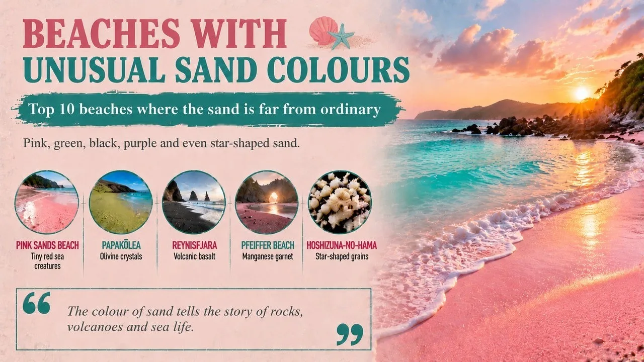 Infographic of beaches with unusual sand colours, showing a pink sand beach at sunrise, with callouts for Pink Sands Beach, Papakōlea, Reynisfjara, Pfeiffer Beach and Hoshizuna-no-hama