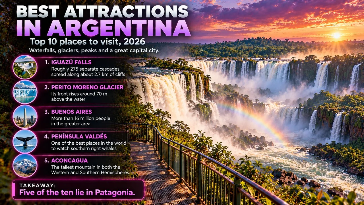 Infographic of the best attractions in Argentina, showing broad waterfalls in a misty rainforest gorge, with callouts for Iguazú Falls, Perito Moreno Glacier, Buenos Aires, Península Valdés and Aconcagua