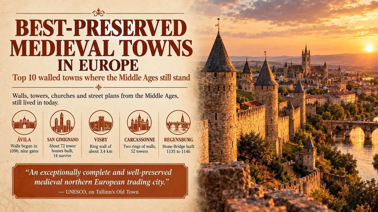 Infographic of the best-preserved medieval towns in Europe, showing stone walls and towers at sunset with callouts for Ávila, San Gimignano, Visby, Carcassonne and Regensburg