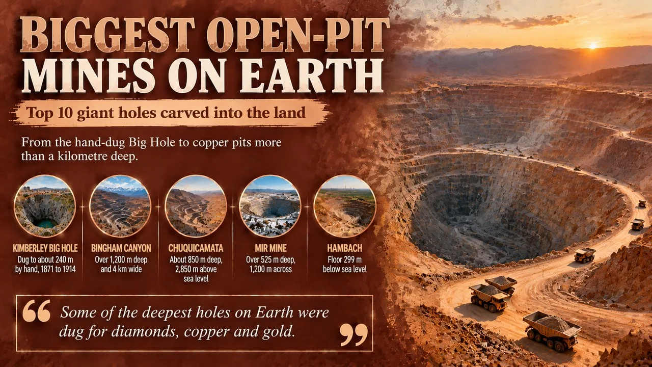 Infographic of the biggest open-pit mines on Earth, showing a terraced desert mine from above with callouts for the Kimberley Big Hole, Bingham Canyon, Chuquicamata, the Mir mine and Hambach