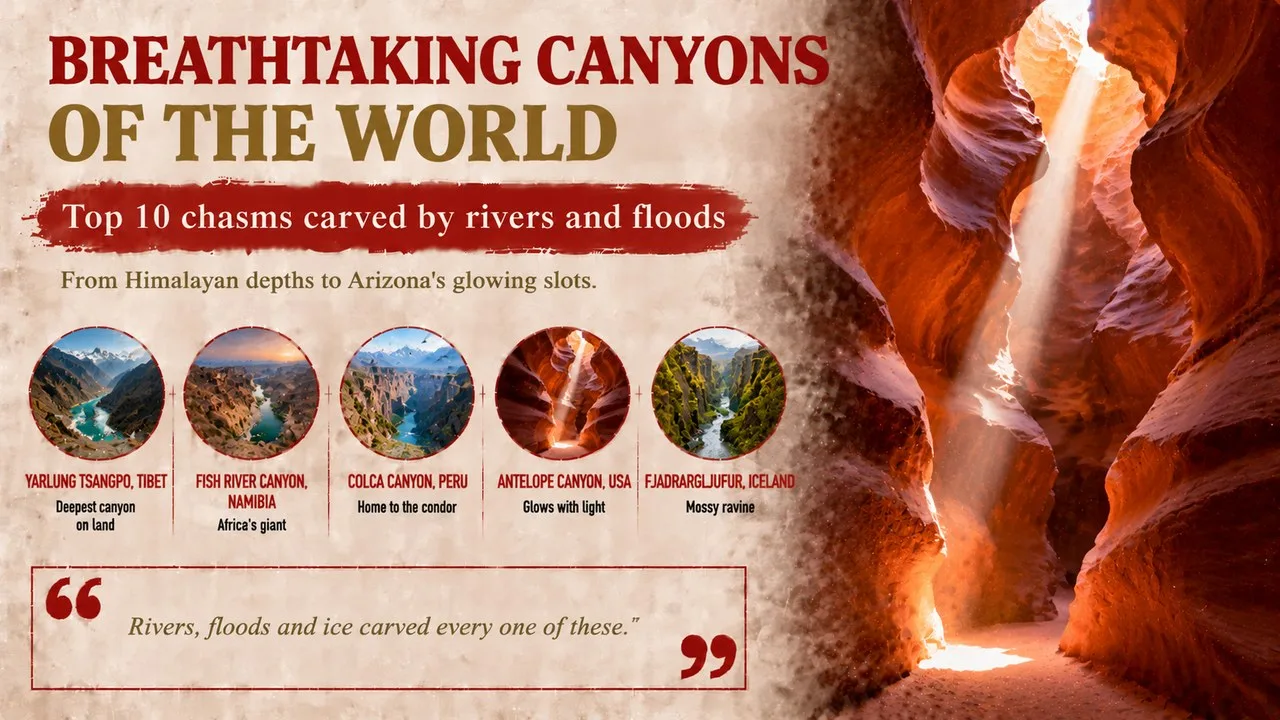 Infographic of breathtaking canyons of the world, showing a curving orange sandstone slot canyon lit by a sunbeam, with callouts for Yarlung Tsangpo, Fish River, Colca, Antelope Canyon and Fjadrargljufur