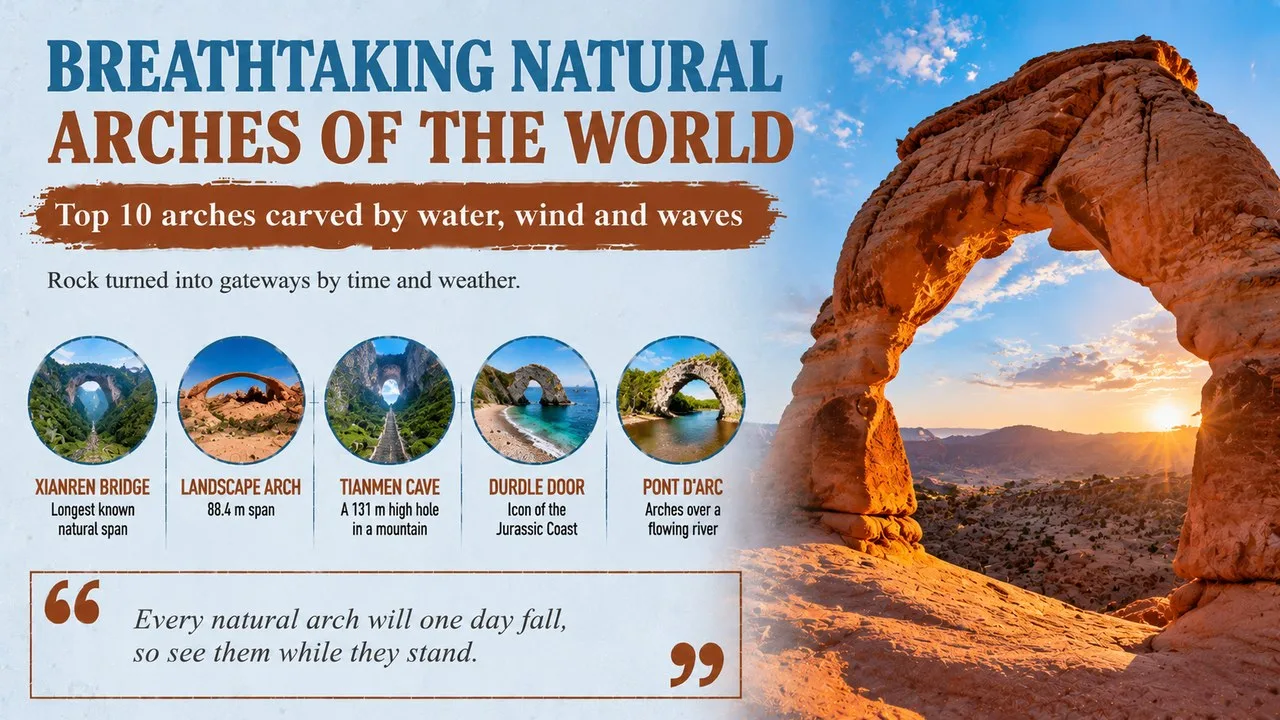 Infographic of breathtaking natural arches of the world, showing a red sandstone arch against a blue sky, with callouts for Xianren Bridge, Landscape Arch, Tianmen Cave, Durdle Door and Pont d'Arc