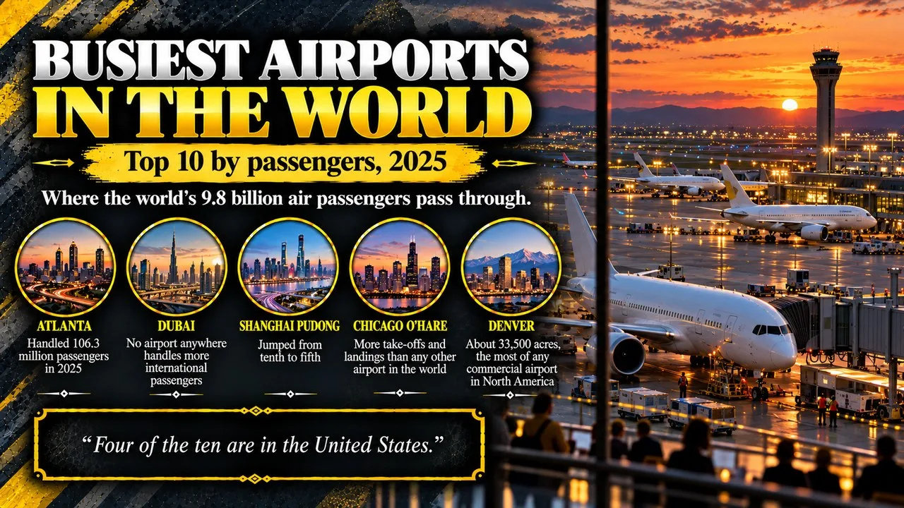 Infographic of the busiest airports in the world, showing plain white airliners on an airport apron at dusk with yellow taxiway lights, with callouts for Atlanta, Dubai, Chicago O'Hare, Shanghai Pudong and Denver