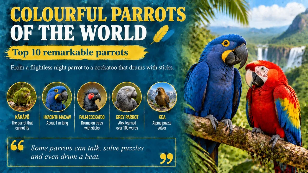 Infographic of colourful parrots of the world, showing a blue hyacinth macaw on a palm branch with callouts for the kākāpō, hyacinth macaw, palm cockatoo, grey parrot and kea