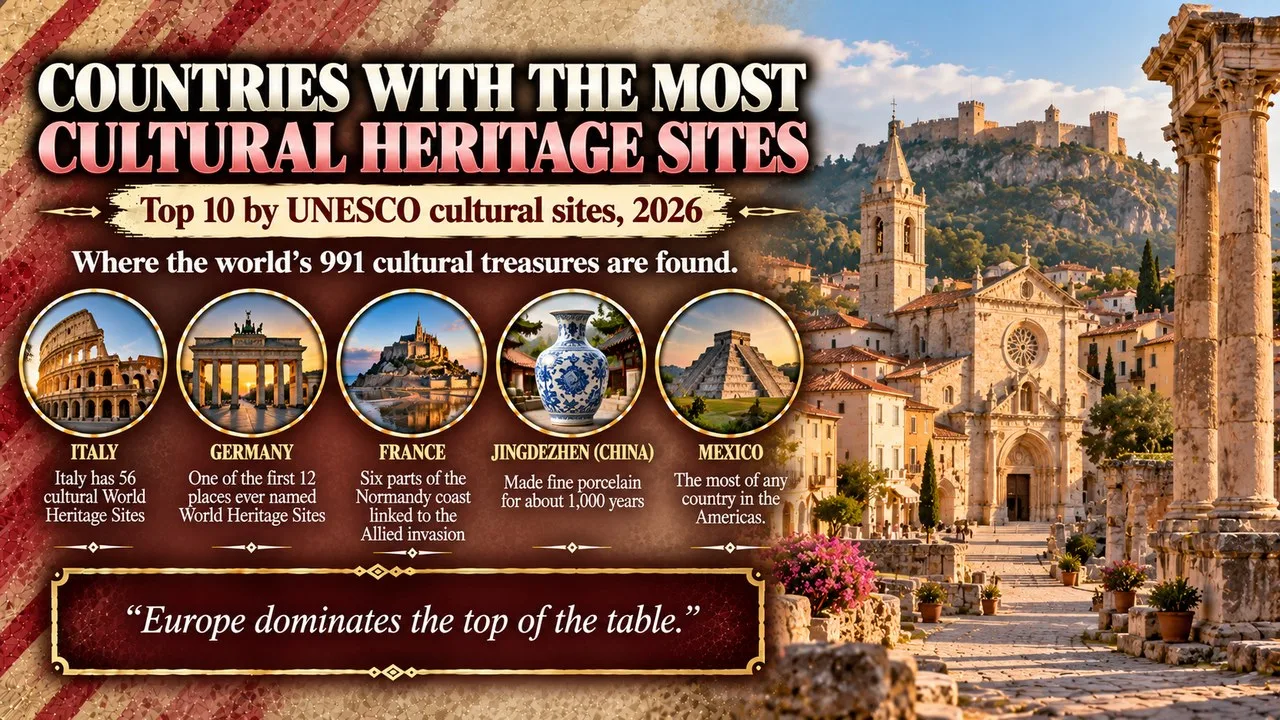 Infographic of the countries with the most cultural heritage sites, showing a sunlit old town square with a cathedral, Roman columns and a hilltop fortress, with callouts for Italy, Germany, France, Jingdezhen in China and Mexico