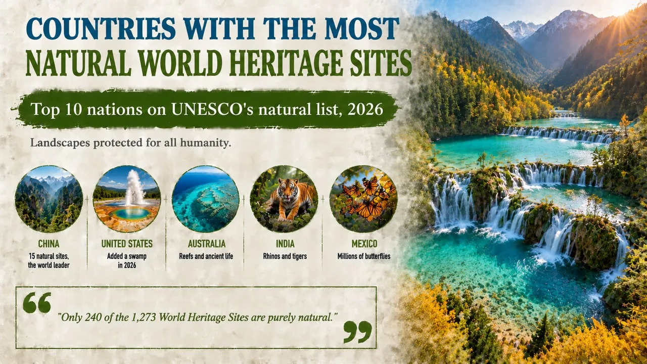 Infographic of the countries with the most natural World Heritage Sites, showing turquoise terraced lakes in a forested mountain valley, with callouts for China, the United States, Australia, India and Mexico
