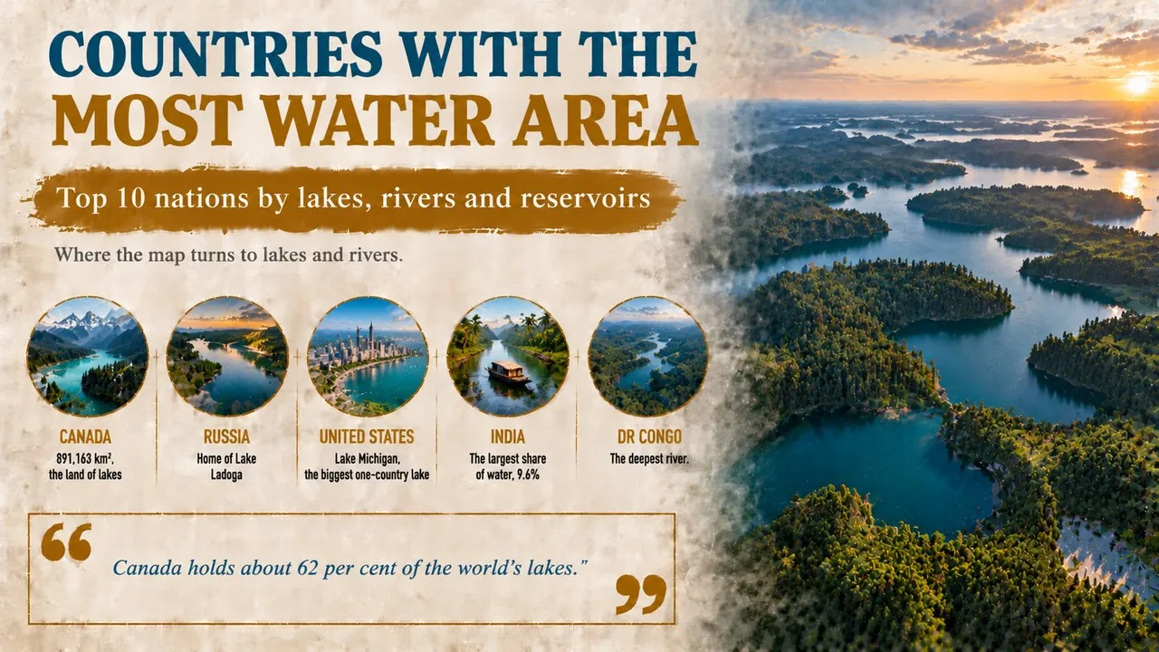 Infographic of the countries with the most water area, showing an aerial view of forest dotted with countless lakes, with callouts for Canada, Russia, the United States, India and DR Congo