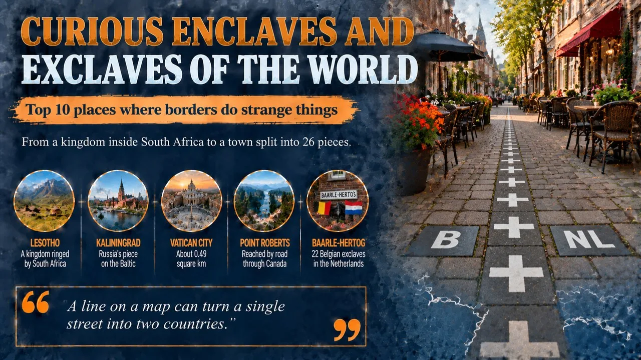 Infographic of curious enclaves and exclaves of the world, showing a border line marked on a town pavement with callouts for Lesotho, Kaliningrad, Vatican City, Point Roberts and Baarle-Hertog