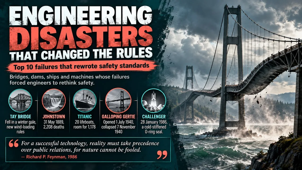 Infographic of famous engineering disasters, showing a twisting suspension bridge with callouts for the Tay Bridge, Johnstown, Titanic, Galloping Gertie and Challenger