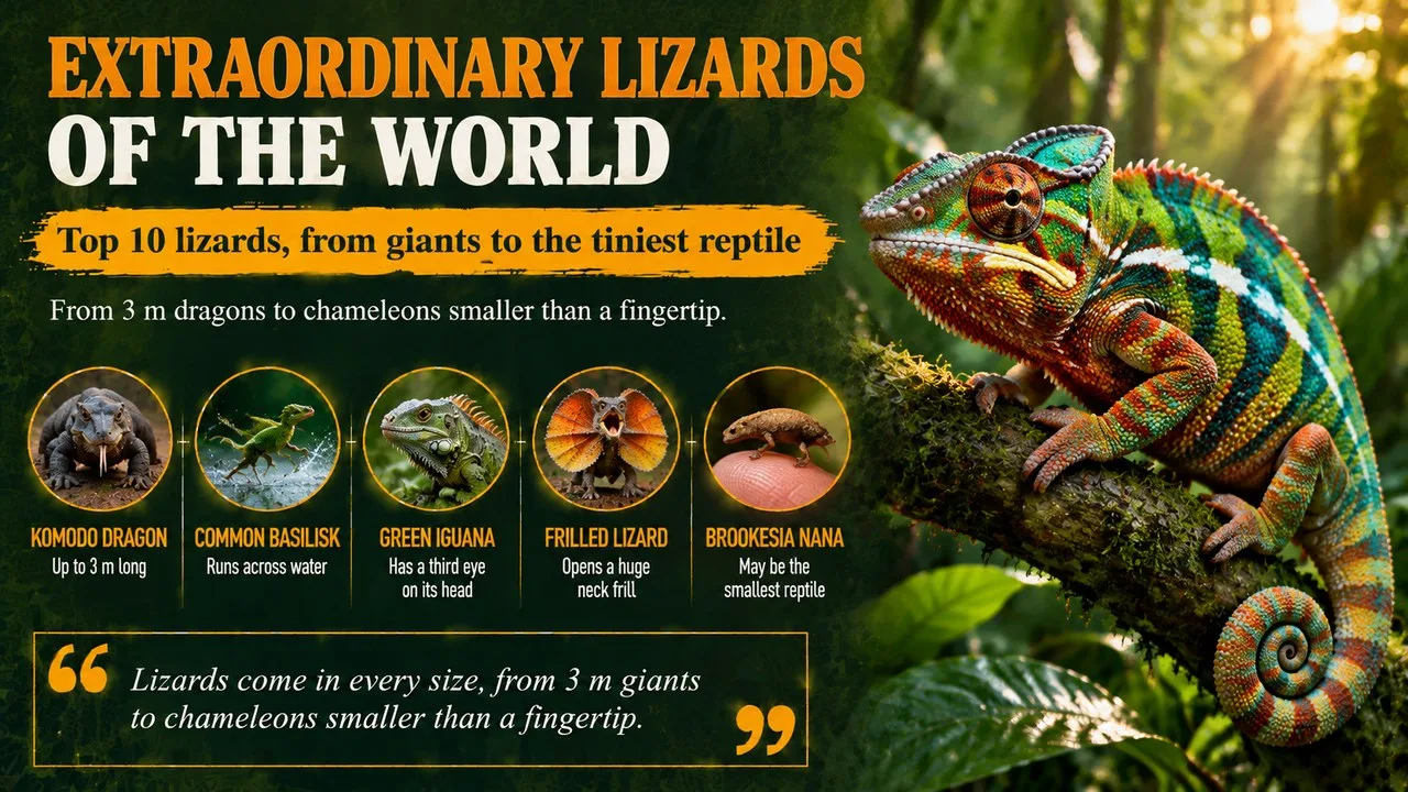 Infographic of extraordinary lizards of the world, showing a colourful chameleon on a branch, with callouts for the Komodo dragon, common basilisk, green iguana, frilled lizard and Brookesia nana