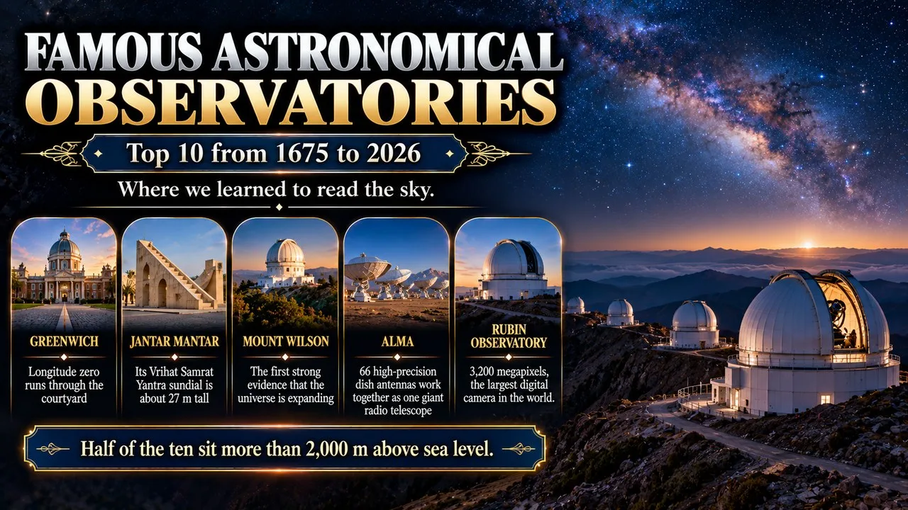 Infographic of famous astronomical observatories, showing white telescope domes on a mountain under the Milky Way, with callouts for Greenwich, Jantar Mantar, Mount Wilson, ALMA and Rubin Observatory