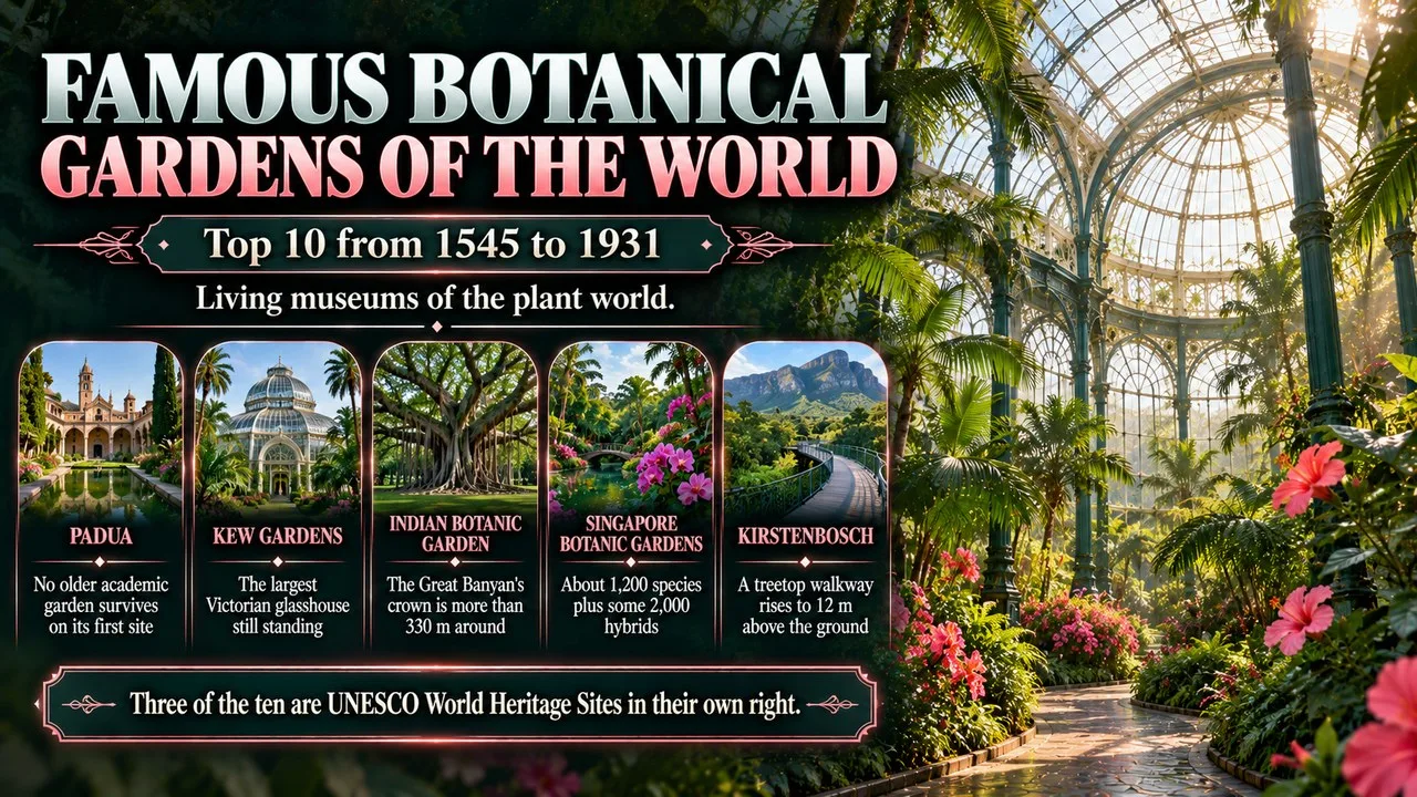 Infographic of famous botanical gardens of the world, showing a Victorian iron and glass palm house full of tropical plants, with callouts for Padua, Kew Gardens, the Indian Botanic Garden, Singapore Botanic Gardens and Kirstenbosch