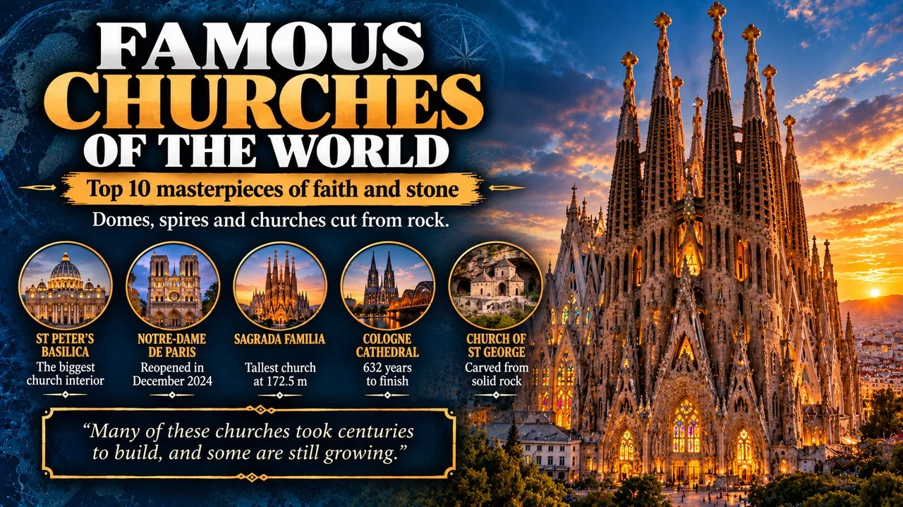 Infographic of famous churches of the world, showing the towers of the Sagrada Familia at golden hour, with callouts for St Peter's Basilica, Notre-Dame de Paris, the Sagrada Familia, Cologne Cathedral and the Church of St George in Lalibela