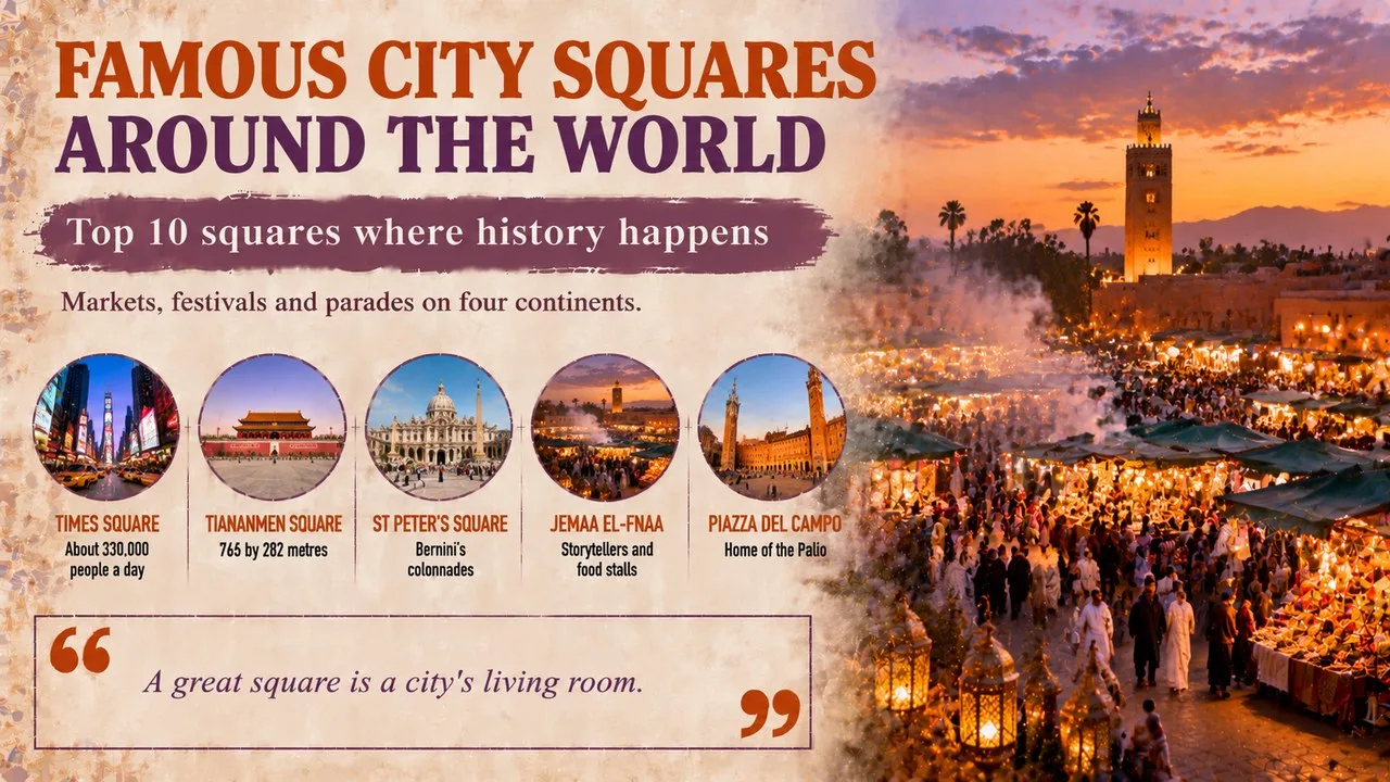 Infographic of famous city squares around the world, showing Jemaa el-Fnaa in Marrakesh at dusk with smoking food stalls and lanterns, with callouts for Times Square, Tiananmen Square, St Peter's Square, Jemaa el-Fnaa and Piazza del Campo