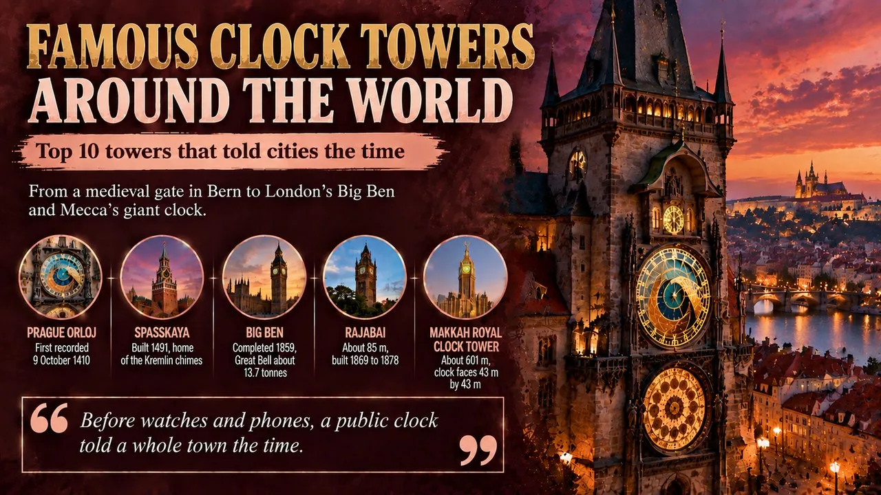 Infographic of famous clock towers around the world, showing a Gothic clock tower at dusk with callouts for the Prague Orloj, Spasskaya Tower, Big Ben, Rajabai Clock Tower and the Makkah Royal Clock Tower