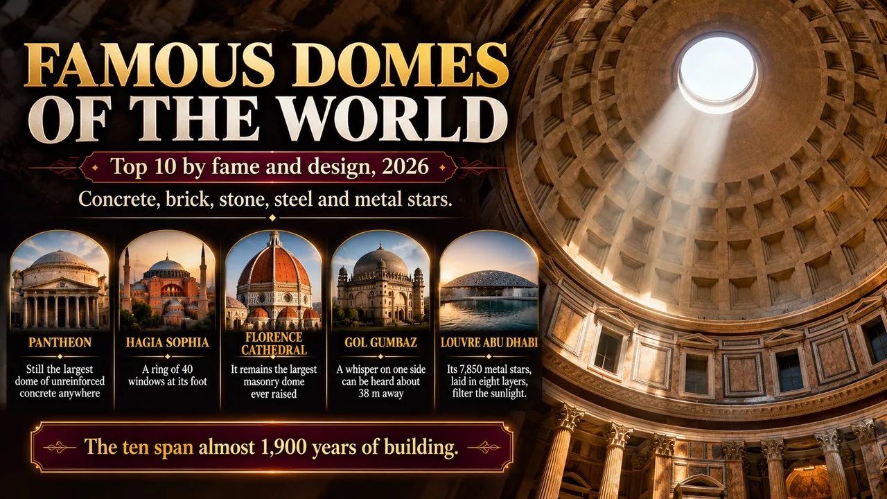Infographic of famous domes of the world, showing a coffered dome with a sunbeam through its round opening, with callouts for the Pantheon, Hagia Sophia, Florence Cathedral, Gol Gumbaz and Louvre Abu Dhabi