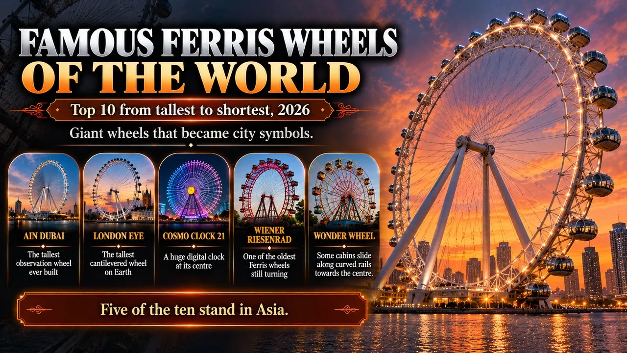 Infographic of famous Ferris wheels of the world, showing a giant observation wheel with glass capsules at dusk, with callouts for Ain Dubai, the London Eye, Cosmo Clock 21, the Wiener Riesenrad and the Wonder Wheel