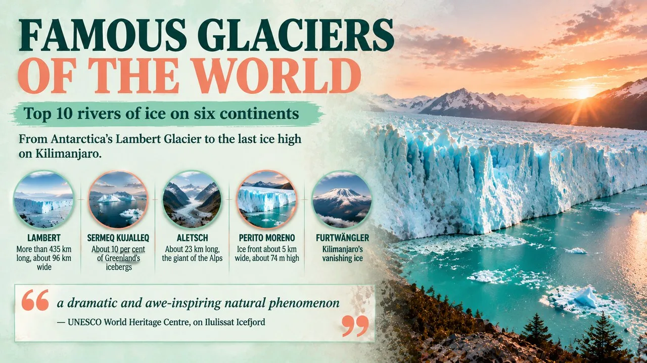 Infographic of famous glaciers of the world, showing a towering glacier front above a lake with callouts for Lambert Glacier, Sermeq Kujalleq, Aletsch, Perito Moreno and Furtwängler