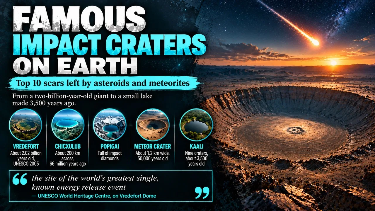 Infographic of famous impact craters on Earth, showing a round desert crater under a night sky with callouts for Vredefort, Chicxulub, Popigai, Meteor Crater and Kaali