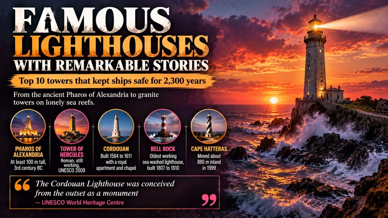 Infographic of famous lighthouses, showing a stone lighthouse at sunset with callouts for the Pharos of Alexandria, Tower of Hercules, Cordouan, Bell Rock and Cape Hatteras