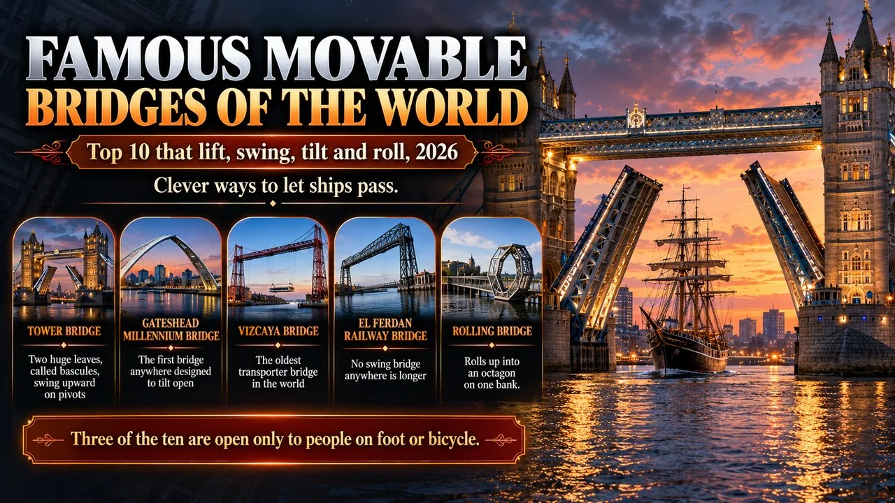 Infographic of famous movable bridges of the world, showing a towered bascule bridge with raised leaves and a tall ship passing, with callouts for Tower Bridge, Gateshead Millennium Bridge, Vizcaya Bridge, El Ferdan and the Rolling Bridge