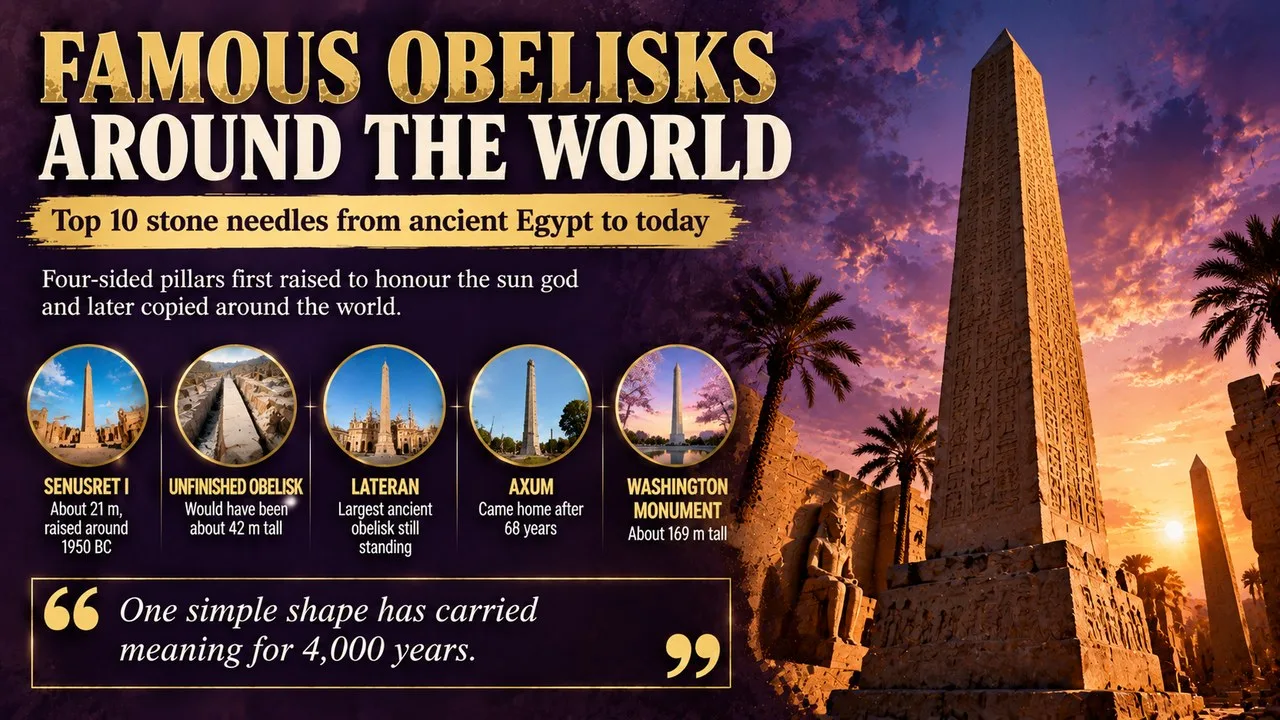 Infographic of famous obelisks around the world, showing a hieroglyph-covered granite obelisk at dusk with callouts for Senusret I, the Unfinished Obelisk, the Lateran Obelisk, the Obelisk of Axum and the Washington Monument