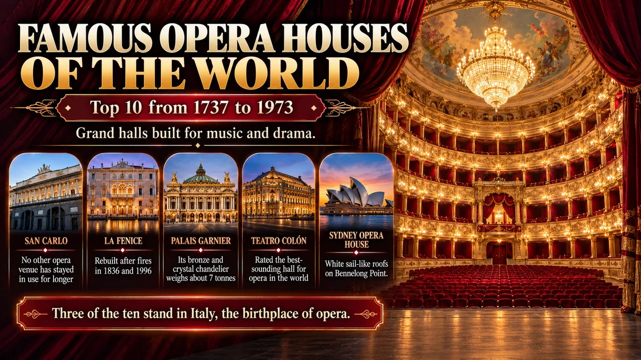 Infographic of famous opera houses of the world, showing a gilded horseshoe-shaped auditorium with a crystal chandelier, with callouts for San Carlo, La Fenice, the Palais Garnier, Teatro Colón and the Sydney Opera House