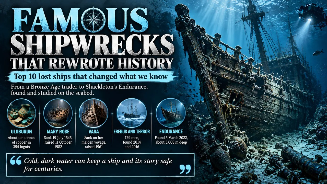 Infographic of famous shipwrecks, showing an old wooden hull on the seabed with callouts for Uluburun, the Mary Rose, Vasa, Erebus and Terror, and Endurance