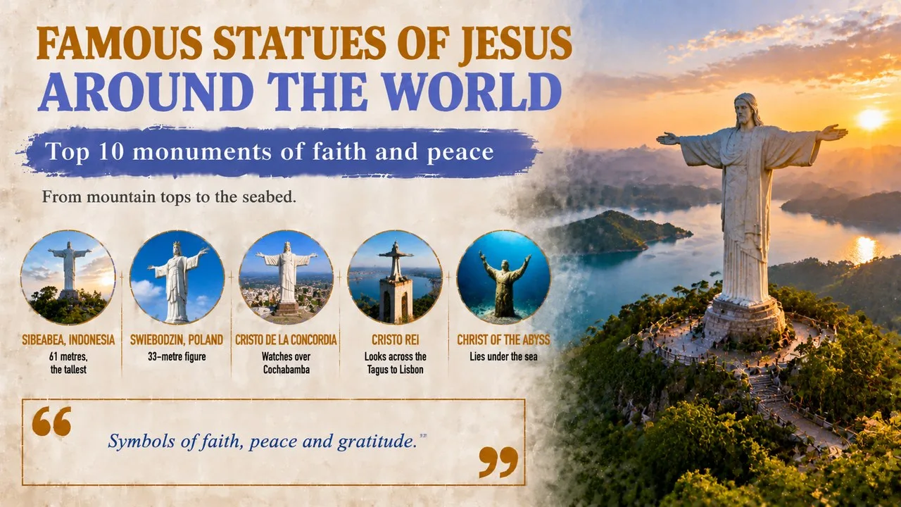 Infographic of famous statues of Jesus around the world, showing a giant statue with open arms on a hilltop above a lake at sunrise, with callouts for Sibeabea, Swiebodzin, Cristo de la Concordia, Cristo Rei and Christ of the Abyss