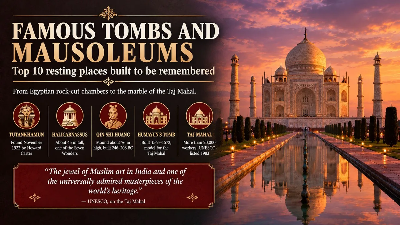 Infographic of famous tombs and mausoleums, showing the Taj Mahal at dusk with callouts for Tutankhamun, Halicarnassus, Qin Shi Huang, Humayun's Tomb and the Taj Mahal