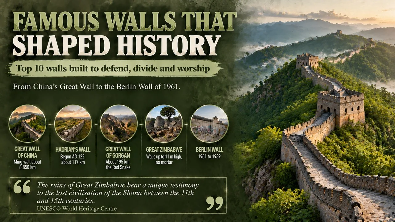 Infographic of famous walls that shaped history, showing a stone wall winding over green ridges with callouts for the Great Wall of China, Hadrian's Wall, the Great Wall of Gorgan, Great Zimbabwe and the Berlin Wall