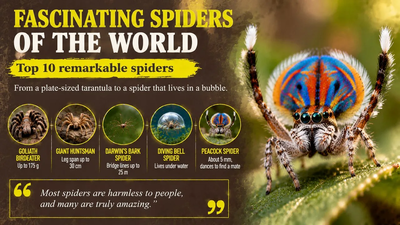 Infographic of fascinating spiders of the world, showing a colourful peacock spider on a leaf, with callouts for the Goliath birdeater, giant huntsman, Darwin's bark spider, diving bell spider and peacock spider