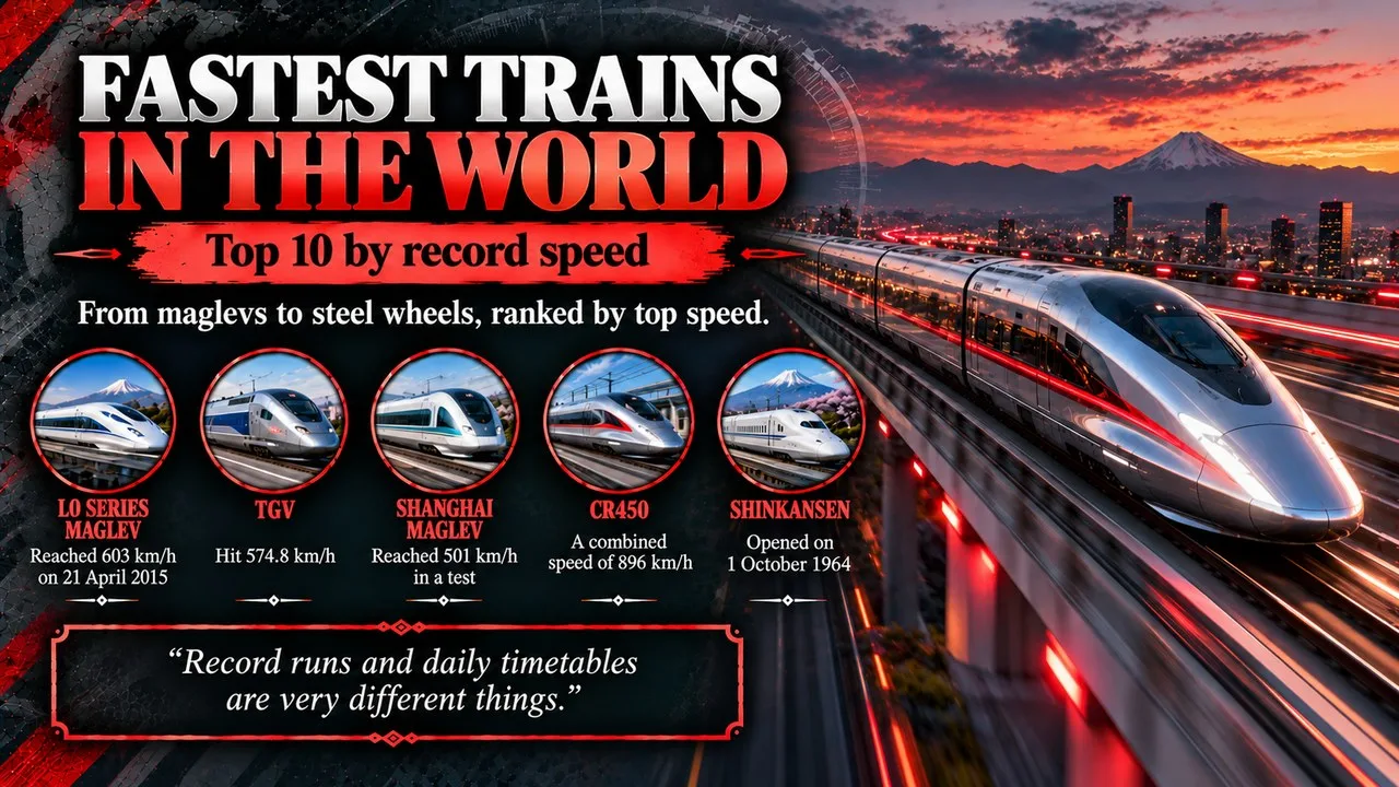Infographic of the fastest trains in the world, showing a silver high-speed train on an elevated track at dusk, with callouts for the L0 Series maglev, TGV, Shanghai Maglev, CR450 and Shinkansen
