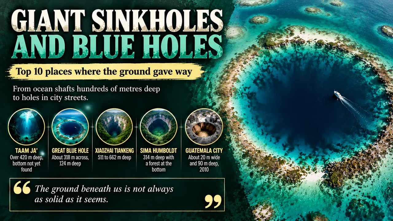 Infographic of giant sinkholes and blue holes, showing a round blue hole in a reef with callouts for Taam Ja', the Great Blue Hole, Xiaozhai Tiankeng, Sima Humboldt and Guatemala City