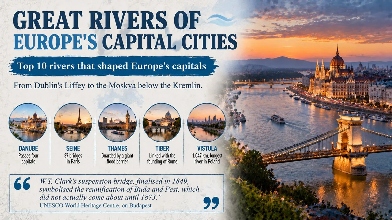 Infographic of great rivers of Europe's capital cities, showing a river with stone bridges through a historic city at dusk, with callouts for the Danube, Seine, Thames, Tiber and Vistula