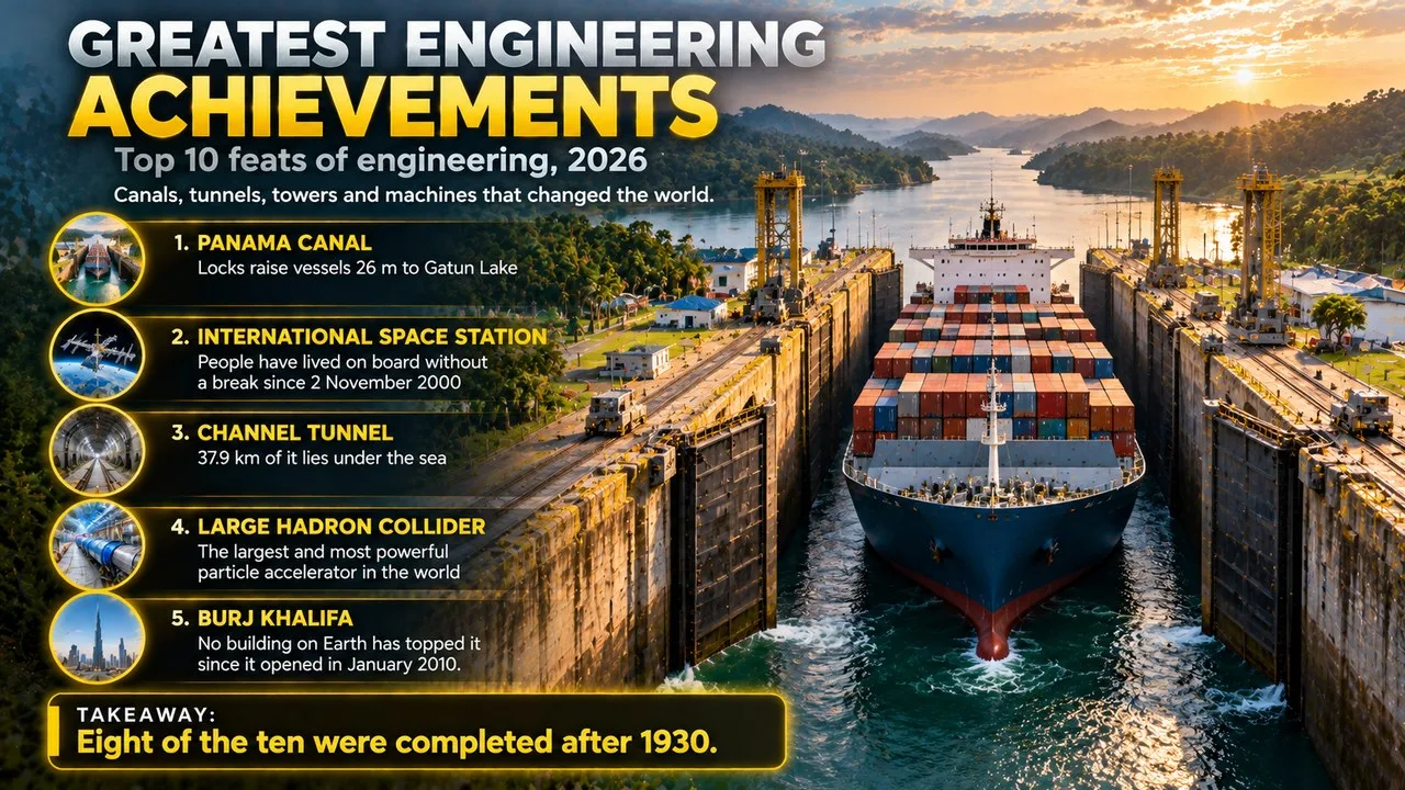 Infographic of the greatest engineering achievements, showing a large ship inside a canal lock between green hills, with callouts for the Panama Canal, International Space Station, Channel Tunnel, Large Hadron Collider and Burj Khalifa
