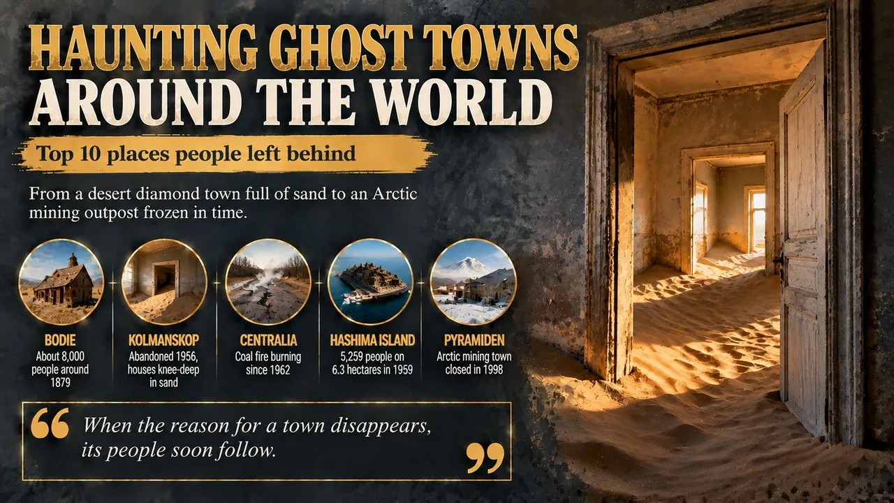 Infographic of haunting ghost towns around the world, showing a sand-filled abandoned house with callouts for Bodie, Kolmanskop, Centralia, Hashima Island and Pyramiden