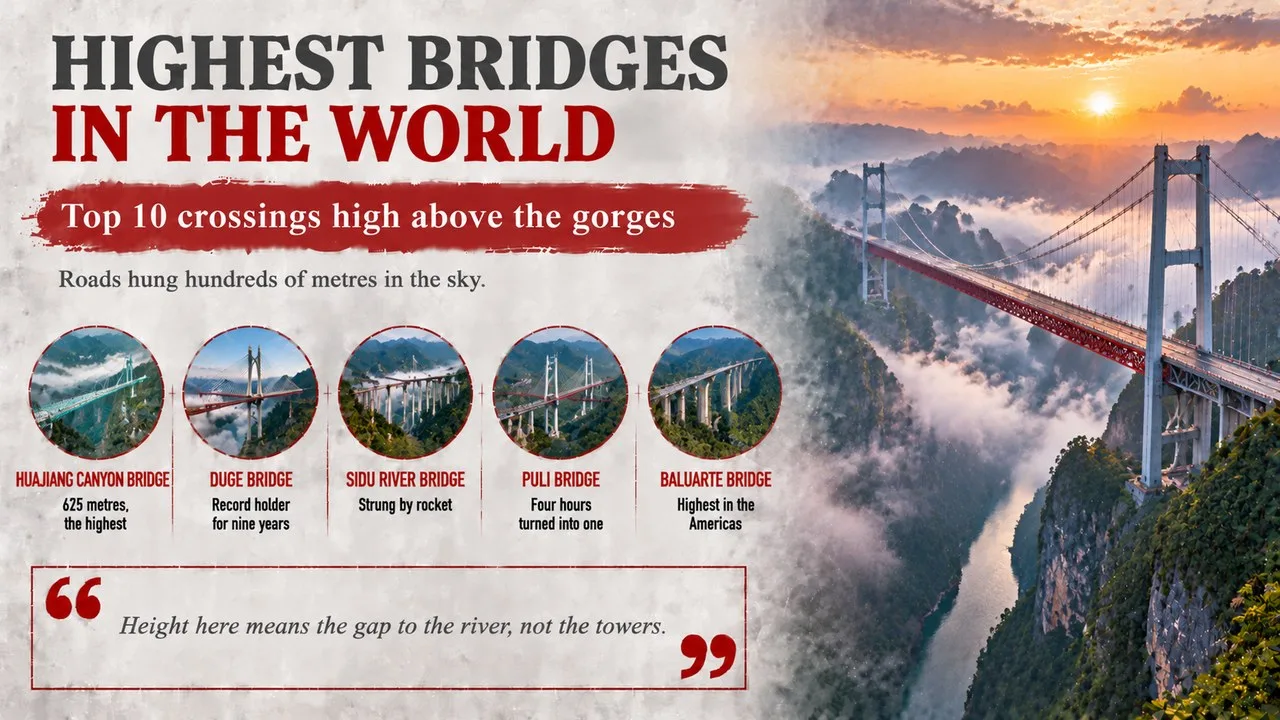 Infographic of the highest bridges in the world, showing a suspension bridge over a deep misty canyon with a river far below, with callouts for the Huajiang Canyon, Duge, Sidu River, Puli and Baluarte bridges