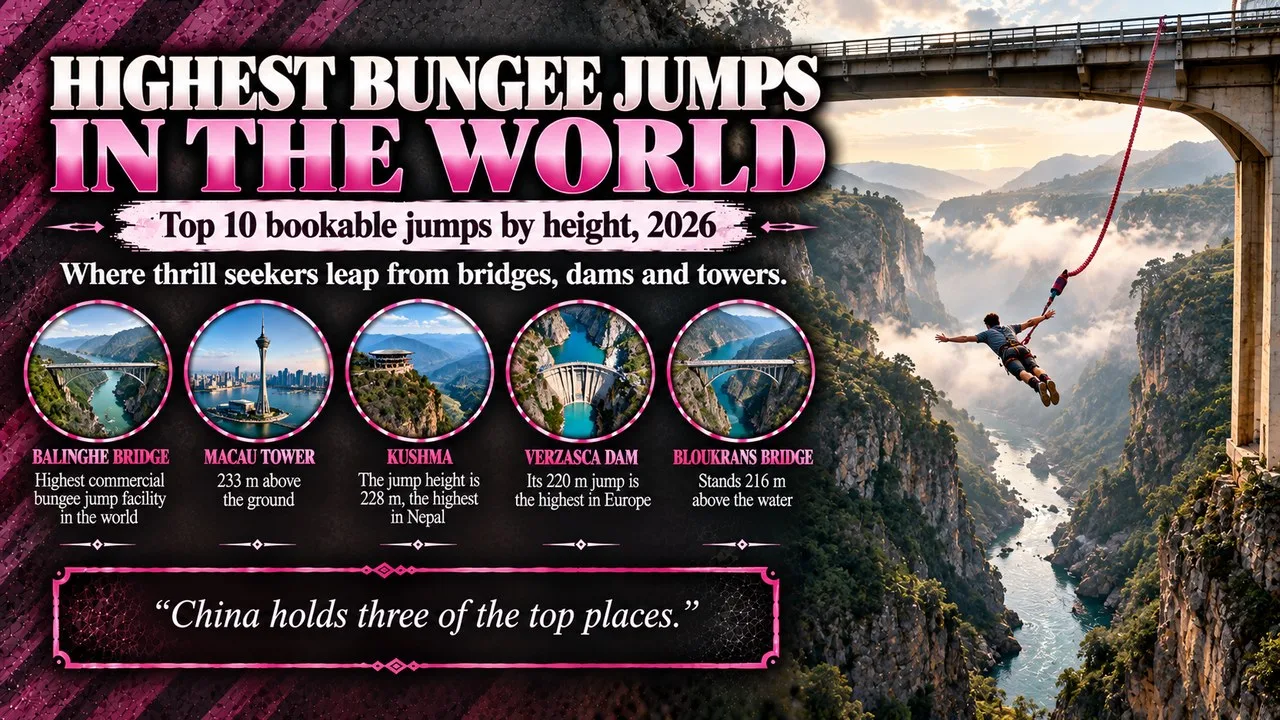 Infographic of the highest bungee jumps in the world, showing a bungee jumper in mid-air below a high bridge over a deep misty gorge, with callouts for Balinghe Bridge, Macau Tower, Kushma, Verzasca Dam and Bloukrans Bridge