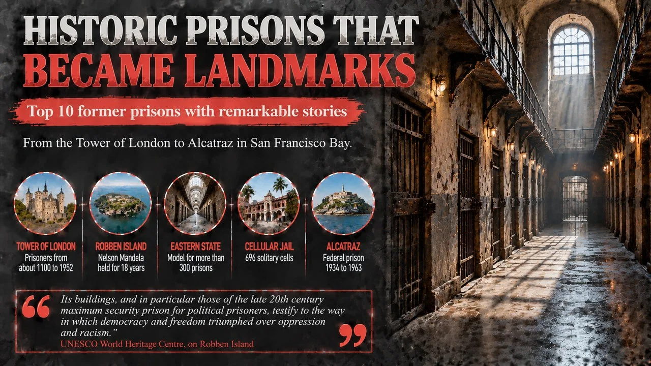 Infographic of historic prisons that became landmarks, showing an empty prison corridor with iron cell doors and callouts for the Tower of London, Robben Island, Eastern State Penitentiary, the Cellular Jail and Alcatraz
