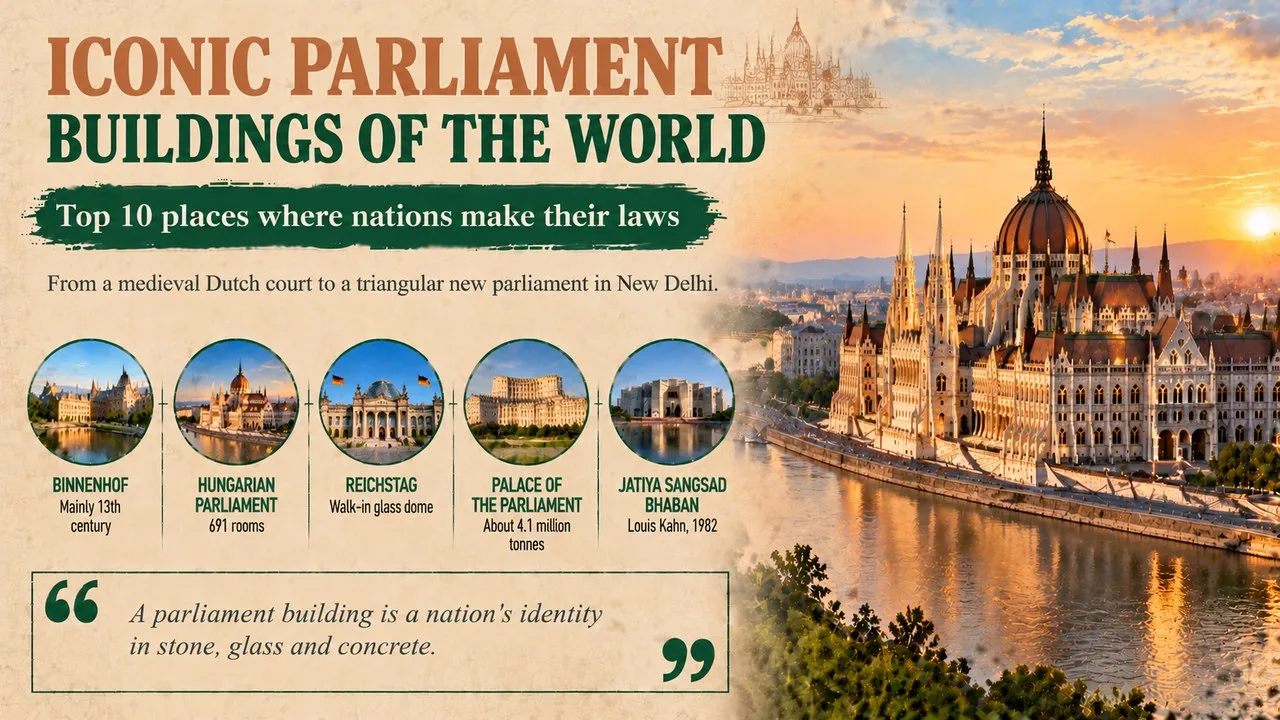 Infographic of iconic parliament buildings of the world, showing a domed neo-Gothic parliament beside a river, with callouts for the Binnenhof, Hungarian Parliament, Reichstag, Palace of the Parliament and Jatiya Sangsad Bhaban