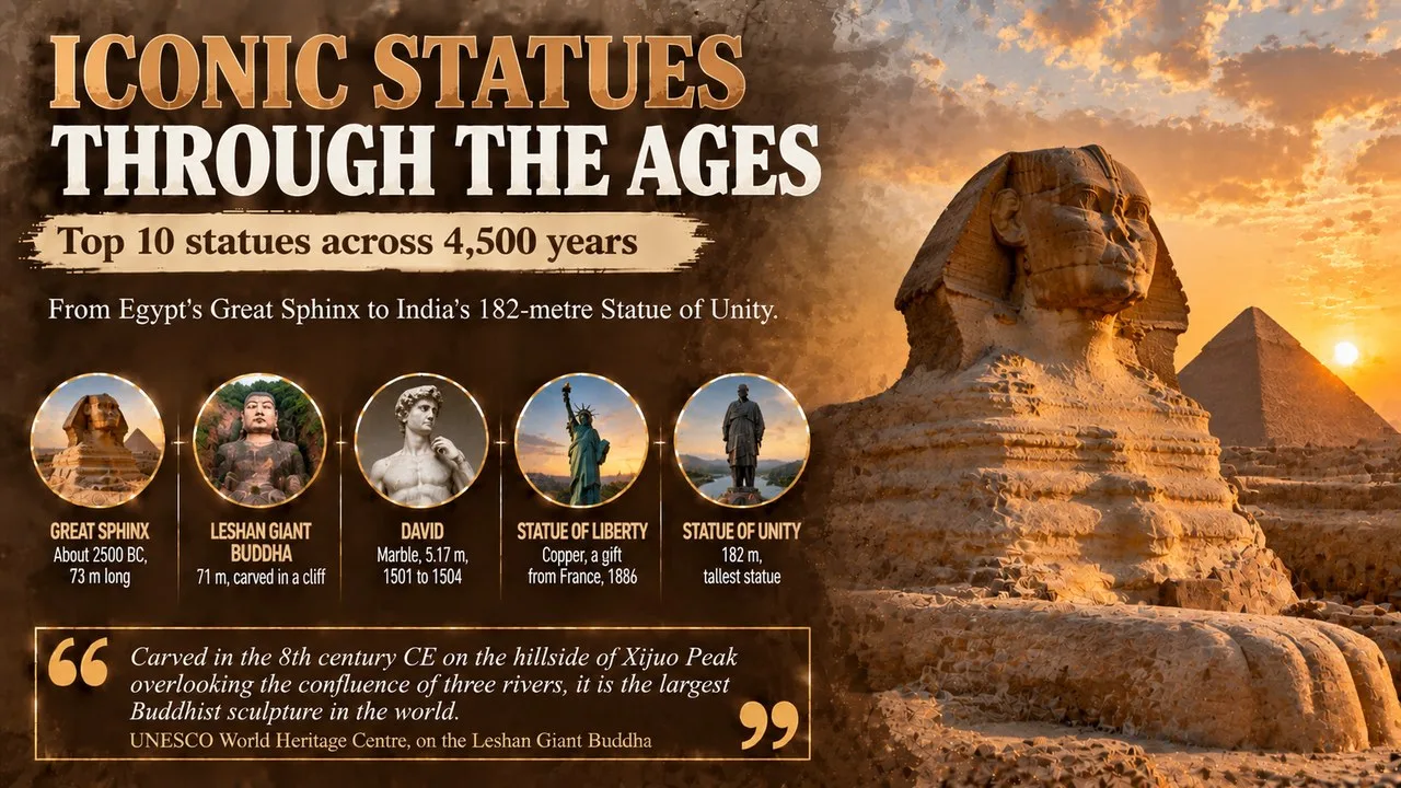 Infographic of iconic statues through the ages, showing the Great Sphinx with callouts for the Great Sphinx, Leshan Giant Buddha, David, the Statue of Liberty and the Statue of Unity