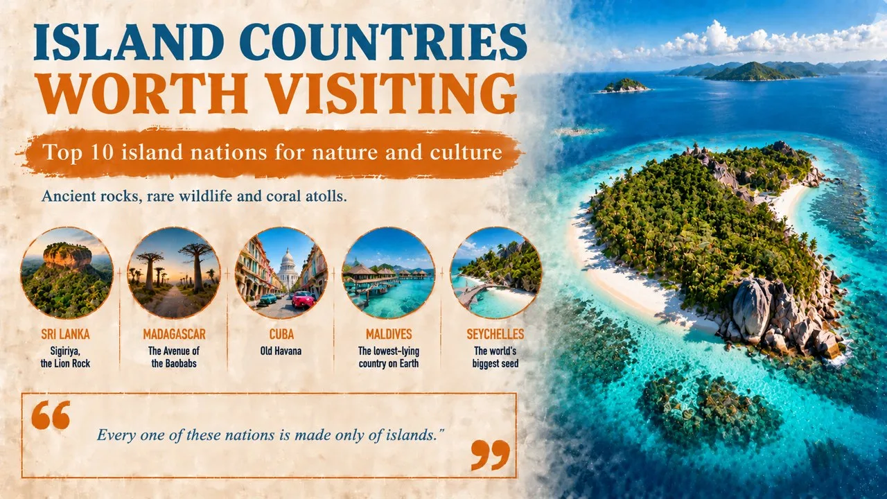 Infographic of island countries worth visiting, showing a tropical island with a turquoise lagoon and coral reef from above, with callouts for Sri Lanka, Madagascar, Cuba, the Maldives and Seychelles